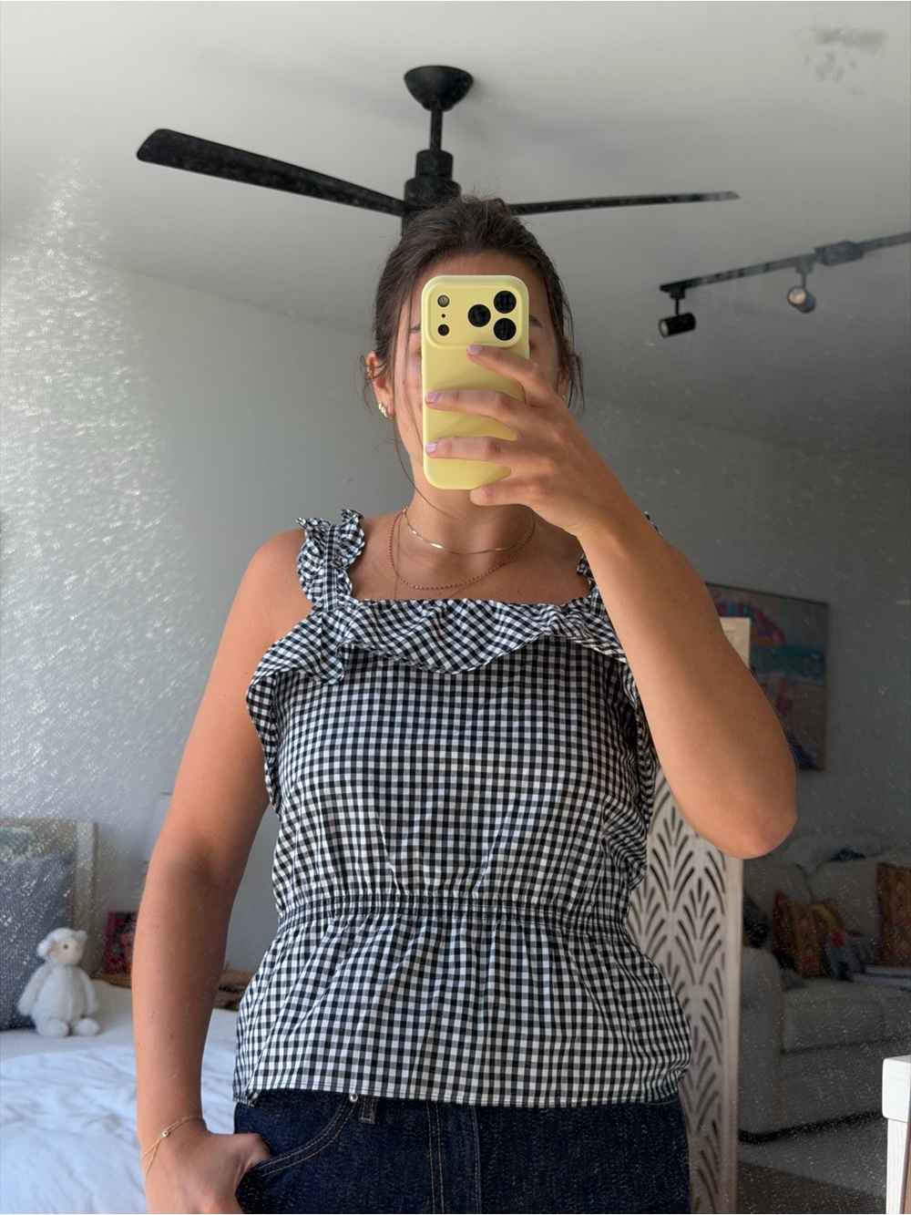 Black & White Gingham Ruffle Strap top